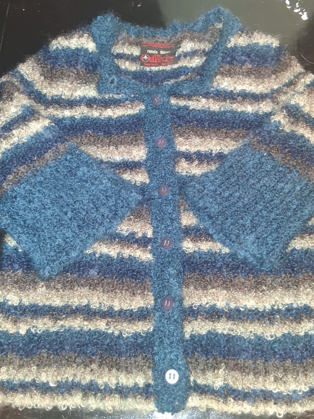 Vintage Renee Tener For Oitlwnder Derhy Blue Striped Bouclé Cardigan Sweater